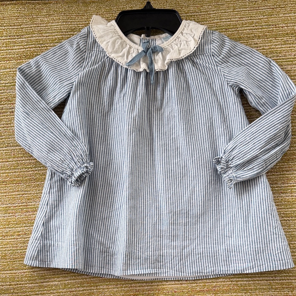 Girls' Blue Striped Ruffle-Collar Dress